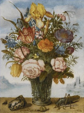 Bosschaert Ambrosius 貝殻とバッタを添えた棚の上の花束 Oil Paintings